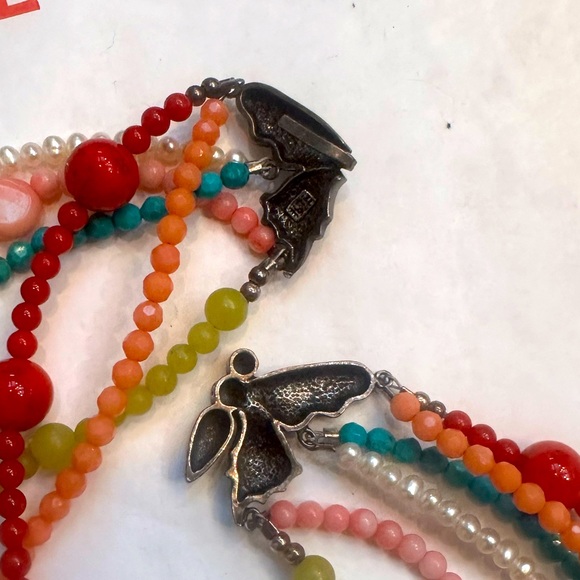 Vintage Silver Butterfly Clasp 6 Strand Beaded Necklace Choker Freshwater Pearl - Picture 6 of 9